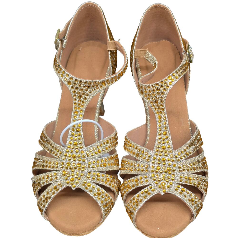 Dance and Sway Gold Rhinestone Latin Heels Size 7 Cuban Heel Ballroom